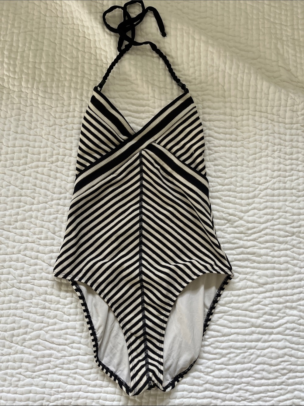 Robin Piccone Black White and Gold Striped Halter one piece swim suit
